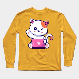 Cute Cat Working On Laptop With Coffee Cup Cartoon Long Sleeve T-Shirt